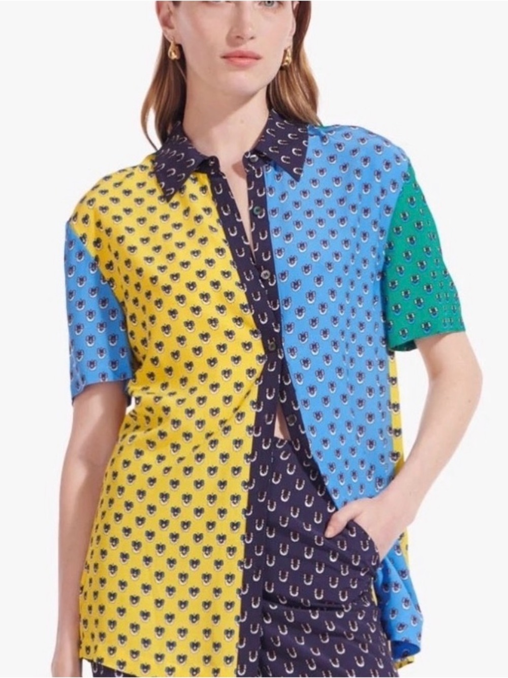 STAUD Pallas Top- Printed Short-Sleeve Button-Up — Yellow, Blue, Green, Navy